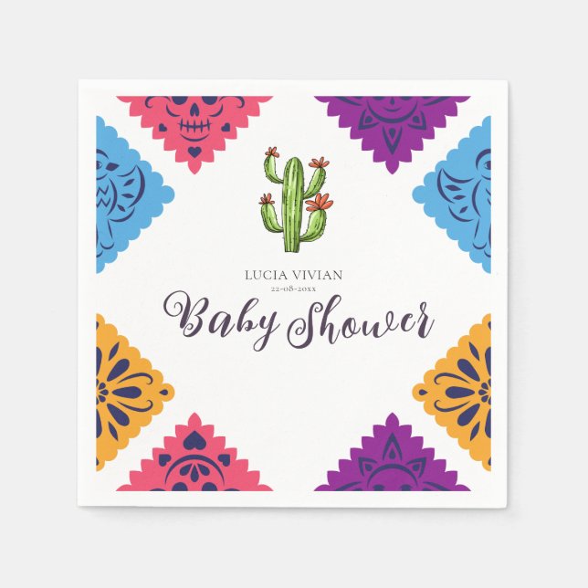 Festive Mexican Paper Fan Cactus Baby Shower Napkin (Front)
