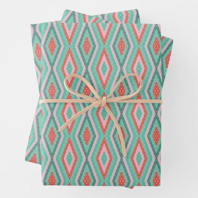 Festive Mid-Century Geometric Christmas Mint Pink Wrapping Paper Sheet (In situ)