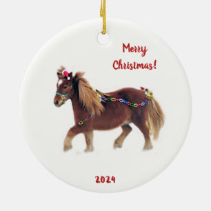 Festive Miniature Horse Running in the Snow Ceramic Tree Decoration