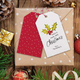 Festive Minimal Holly Berries Whimsical Christmas Gift Tags