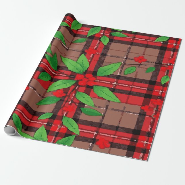 Festive Mistletoe Pattern on Plaid – Classic Wrapping Paper (Unrolled)