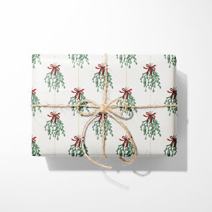 Festive Mistletoe with Red Bows Wrapping Paper