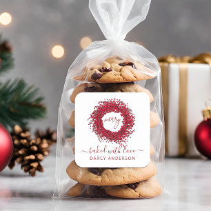 Festive Modern Baked With Love Red Berry Wreath Square Sticker