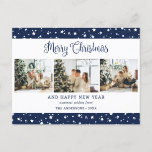 Festive Modern Blue 3 Photo Collage Stars Holiday Postcard
