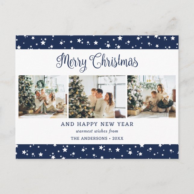 Festive Modern Blue 3 Photo Collage Stars Holiday Postcard (Front)
