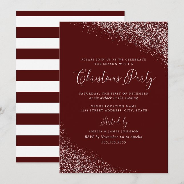 Festive Modern Burgundy Red Snow Christmas Invitation (Front/Back)