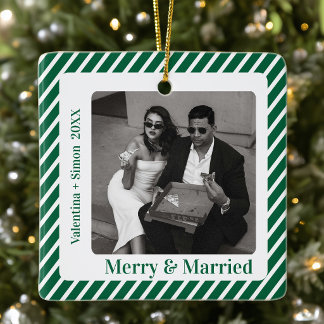 Festive Modern Couples Photo First Christmas Ceramic Ornament
