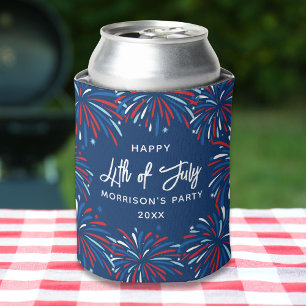 Festive Modern Fireworks, Custom Text 4th of July Can Cooler