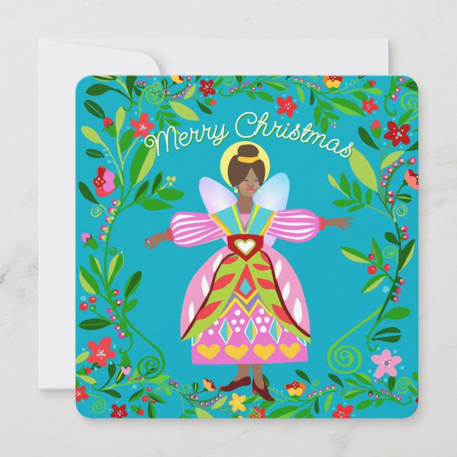 Festive Modern Folk Angel African American  Holiday Card (Front)