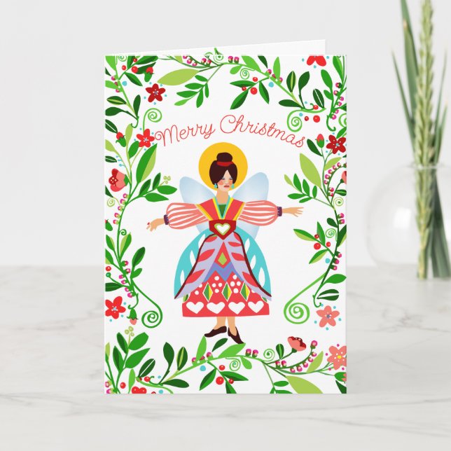 Festive Modern Folk Angel Christmas Card (Front)