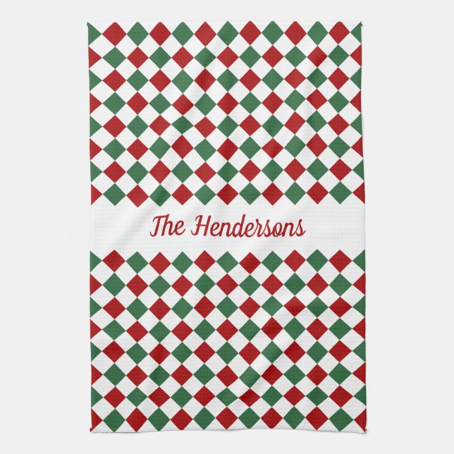 Festive Modern Green And Red Christmas Tea Towel (Vertical)