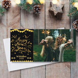 Festive Modern Happy New Year Black & Gold Photo Holiday Card