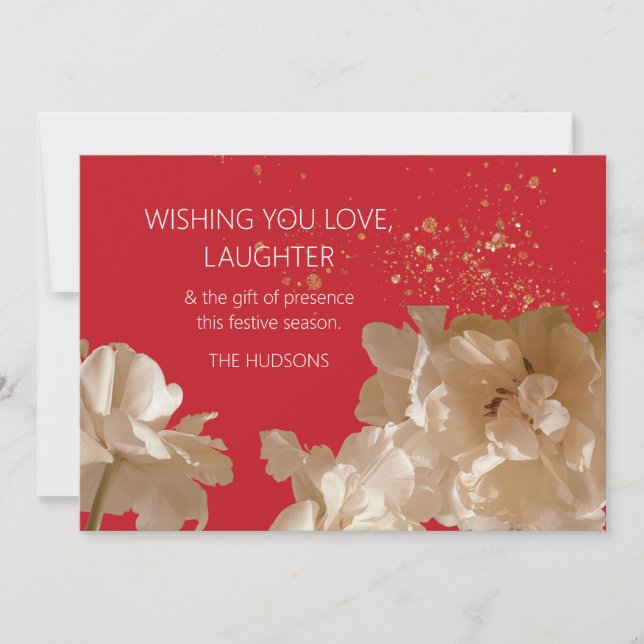 Festive Modern | Red & Gold Dust Floral Christmas Holiday Card (Front)