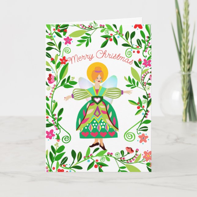 Festive Modern Red Haired Folk Angel Christmas Card (Front)
