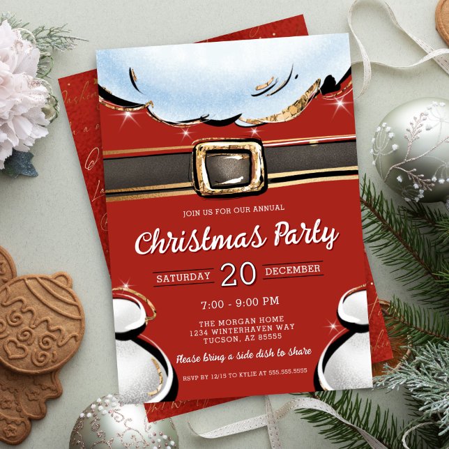 Festive Modern Santa Belly Christmas Party Invitation (Elegant modern santa belly christmas party invitation for gift exchange corporate holiday party)