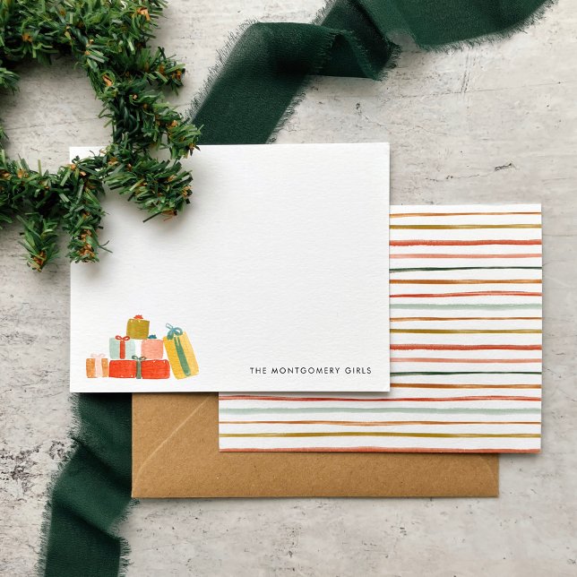 Festive Modern Watercolor Christmas Gifts Holiday Card (Watercolor Christmas presents note cards with colorful stripes on the back. Great holiday gift idea!)