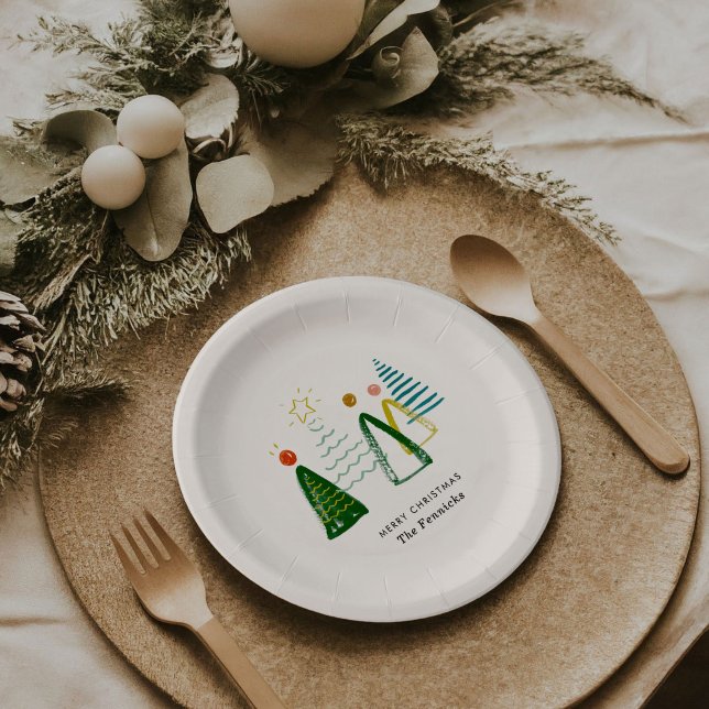 Festive Modern Watercolor Christmas Trees Holiday Paper Plate (Festive watercolor Christmas trees personalized holiday party paper plates.)
