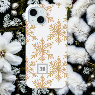 Festive monogram elegant gold snowflake pattern iPhone 15 case