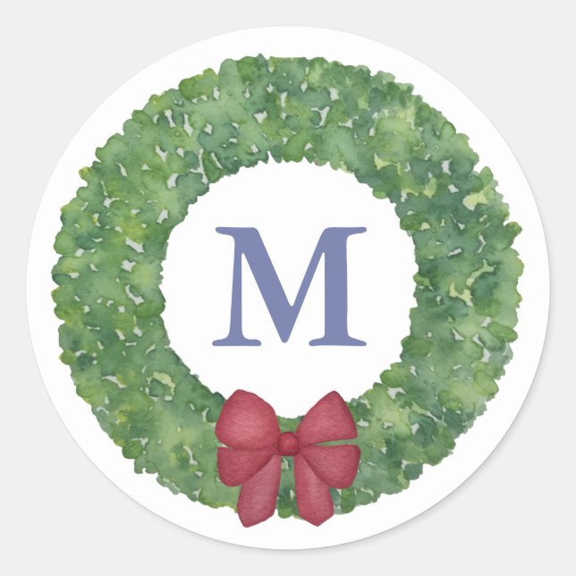 Festive Monogram Greenery Wreath With Red Bow Classic Round Sticker (Front)