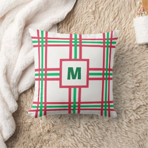 Festive Monogram Modern Red Green Plaid Holiday Cushion