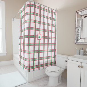 Festive Monogram Modern Red Green Plaid Holiday Shower Curtain