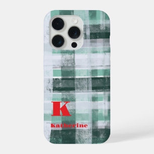 Festive monogram plaid tartan green white red iPhone 15 pro case