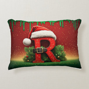 Festive Monogram R Ornament with Santa Hat Decorative Cushion