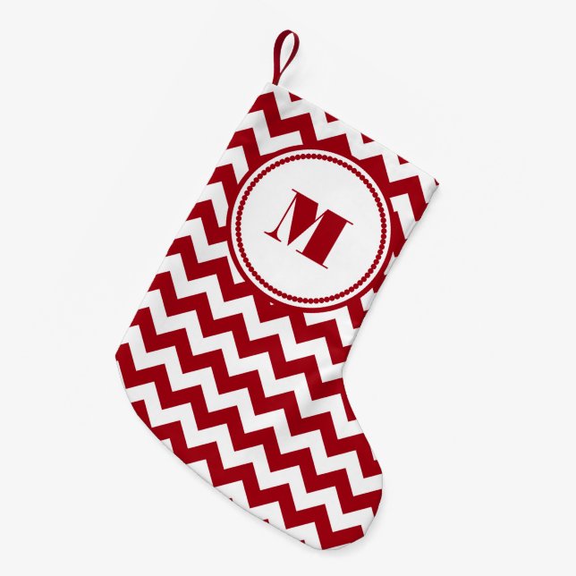 Festive Monogram Red Chevron Pattern Small Christmas Stocking (Front (Hanging))