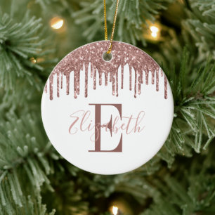 Festive Monogram Rose Gold Glitter Drip Ceramic Tree Decoration