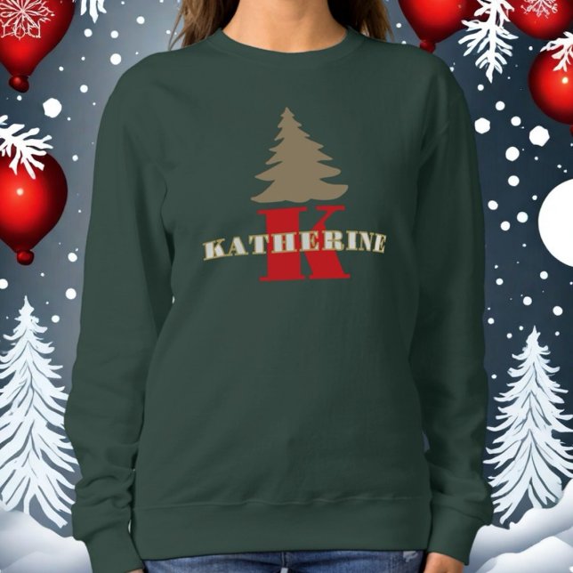 Festive monogrammed script red white gold tree  sweatshirt (Creator Uploaded)