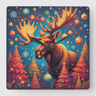 Festive Moose Decorated With Christmas Ornaments Square Wall Clock