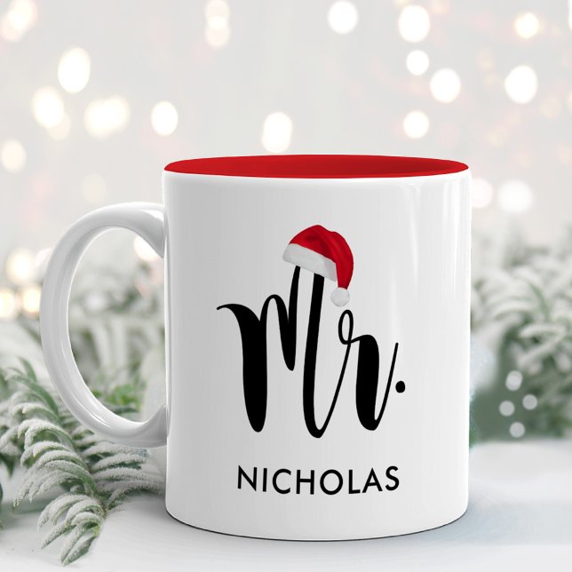 Festive Mr Santa Hat Holiday Monogram Two-Tone Coffee Mug (Creator Uploaded)