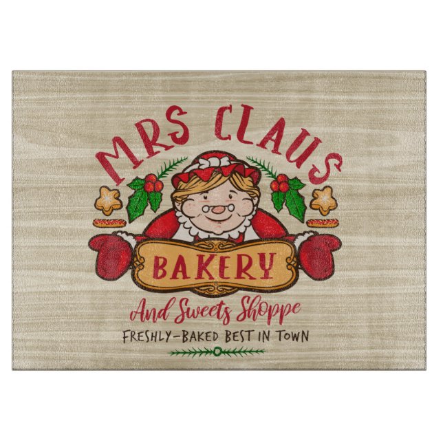 Festive Mrs. Claus bakery Christmas Cutting Board (Front)