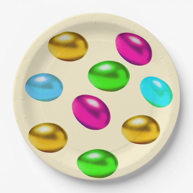 Festive Multicolored Easter Eggs on Light Beige Paper Plate (Front)