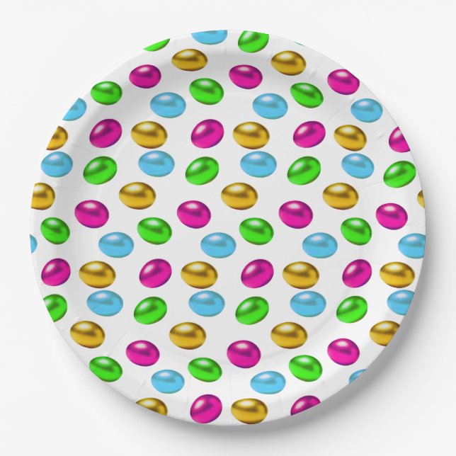 Festive Multicolored Easter Eggs on White Paper Plate (Front)