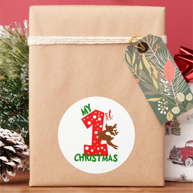 Festive My First Christmas baby Classic Round Sticker (Holiday)