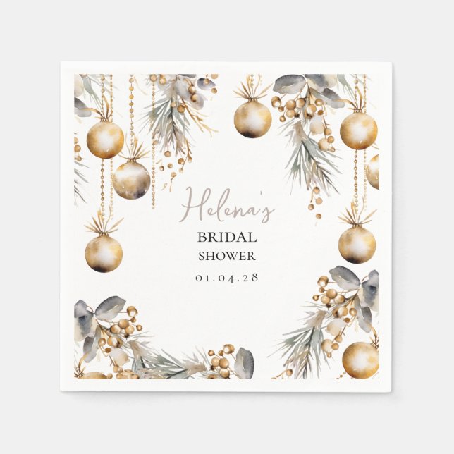 Festive Napkin | Holly & Gold Bridal Shower Theme (Front)