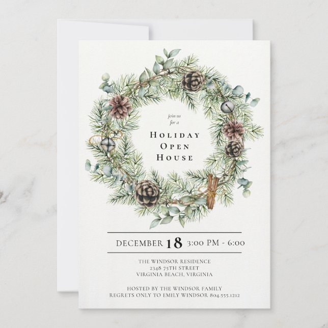 Festive Natural Wreath Holiday Open House Invite (Front)