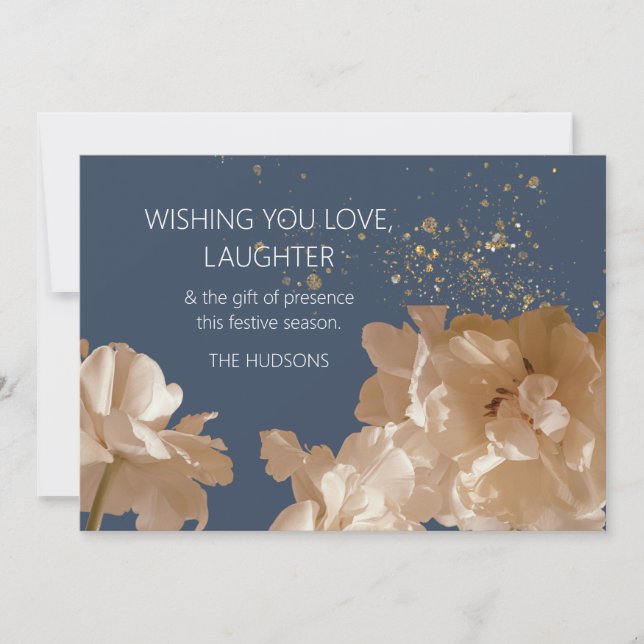 Festive Navy Blue & Gold Dust Floral Christmas Holiday Card (Front)