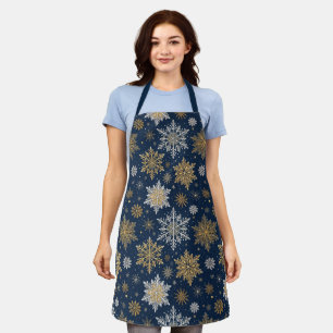 Festive Navy Blue & Gold Snowflake Pattern Apron