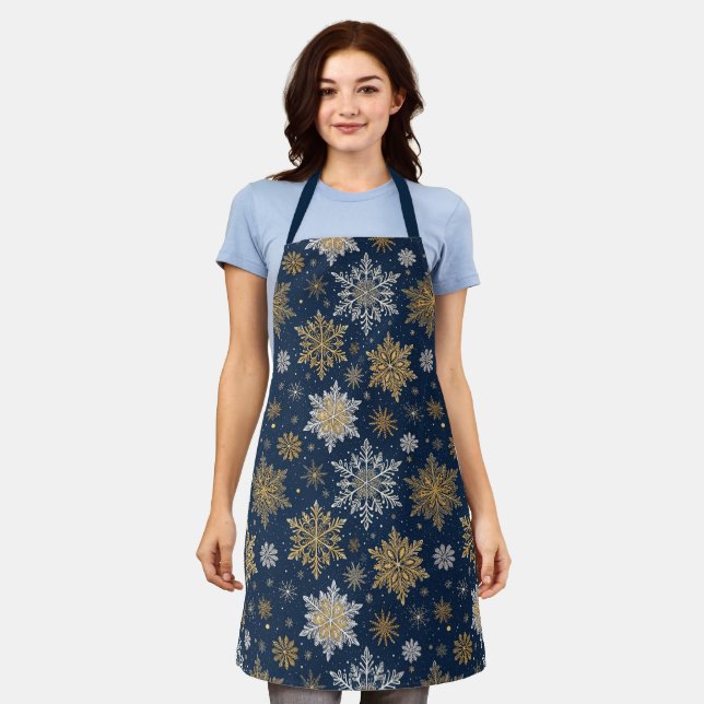 Festive Navy Blue & Gold Snowflake Pattern  Apron (Worn)