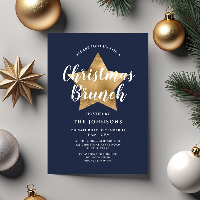 Festive Navy Blue Gold Star Christmas Brunch Invitation (Festive Navy Blue Gold Star Christmas Brunch Invitation)
