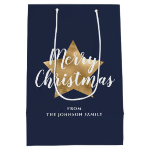Festive Navy Blue Gold Star Christmas  Medium Gift Bag