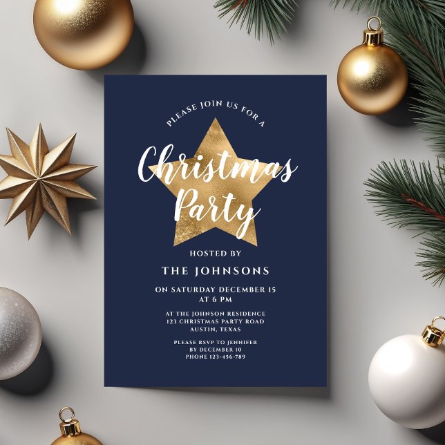 Festive Navy Blue Gold Star Christmas Party Invitation (Festive Navy Blue Gold Star Christmas Party Invitation)