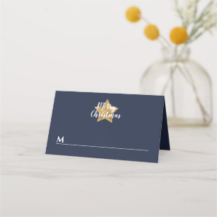 Festive Navy Blue Gold Star Christmas Place Card