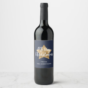 Festive Navy Blue Gold Star Christmas Wine Label