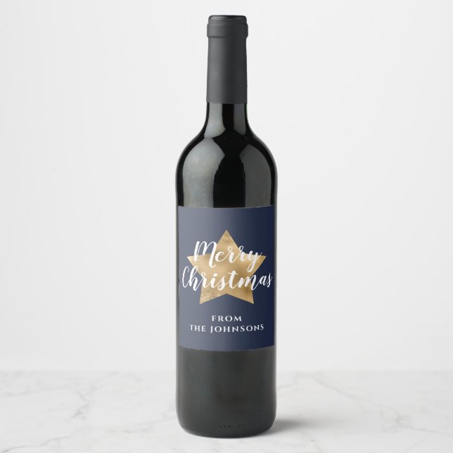 Festive Navy Blue Gold Star Christmas Wine Label (Front)