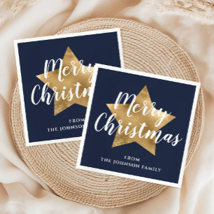 Festive Navy Blue Gold Star Merry Christmas Napkin