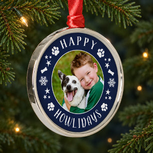 Festive Navy Blue Howlidays Dog Photo Wreath Metal Tree Decoration