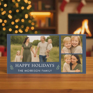 Festive Navy Blue Merry Christmas Photo Botanical  Holiday Card